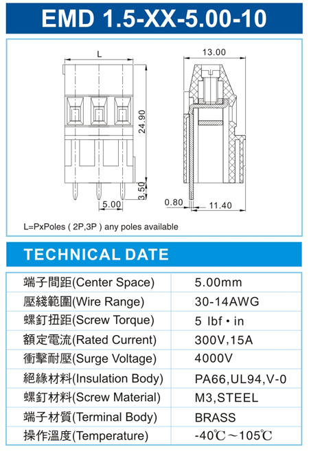 EMD 1.5-XX-5.00-10(300V,15A)尺寸图