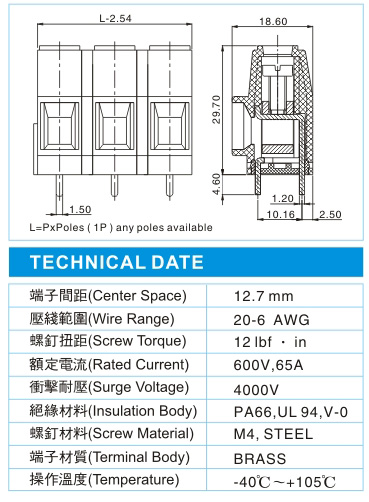 欧式接线端子EMQ 10-XX-12.7-02(600V65A)尺寸图