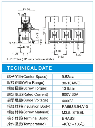 欧式接线端子,EMP 5-XX-9.25-03-A2(600V,30A),9.25间距接线端子尺寸图