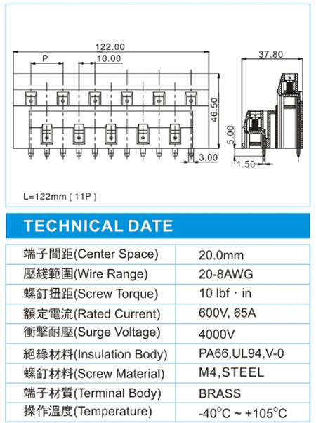 欧式接线端子,EMH 14-11-20.0-20(600V,65A),20.0间距接线端子尺寸图