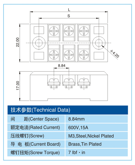 高压型接线端子,HTB15-XX-8.84(600V,15A),8.84间距接线端子尺寸图