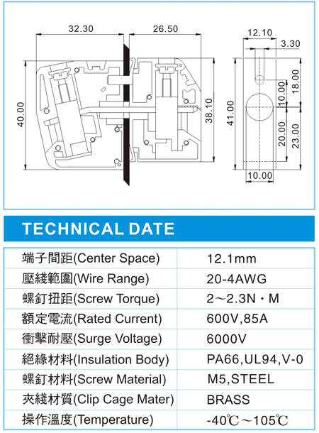 穿墙式接线端子,TWD 22-XX-12.1-00(600V,85A),12.1间距接线端子尺寸图