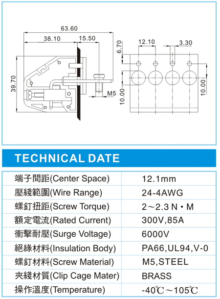 穿墙式接线端子,TWD 22-XX-12.1-01V(600V,85A),12.1间距接线端子尺寸图