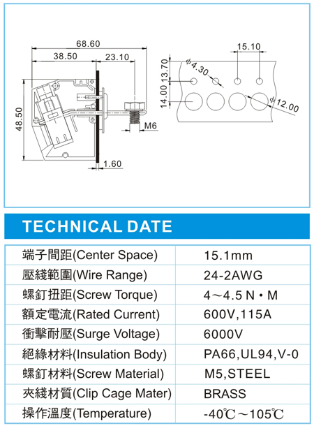 穿墙式接线端子.TWF 33-XX-15.1-01(600V,115A).15.1间距接线端子尺寸图