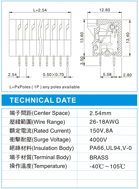 弹簧式接线端子,SKD 1-XX-2.54-01(150V,8A),2.54间距接线端子尺寸图