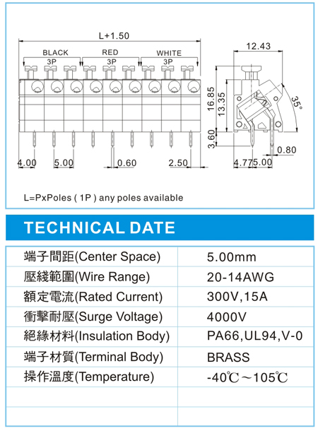 弹簧式接线端子,SKD 2-XX-5.00-01(300V,15A),5.0间距接线端子尺寸图