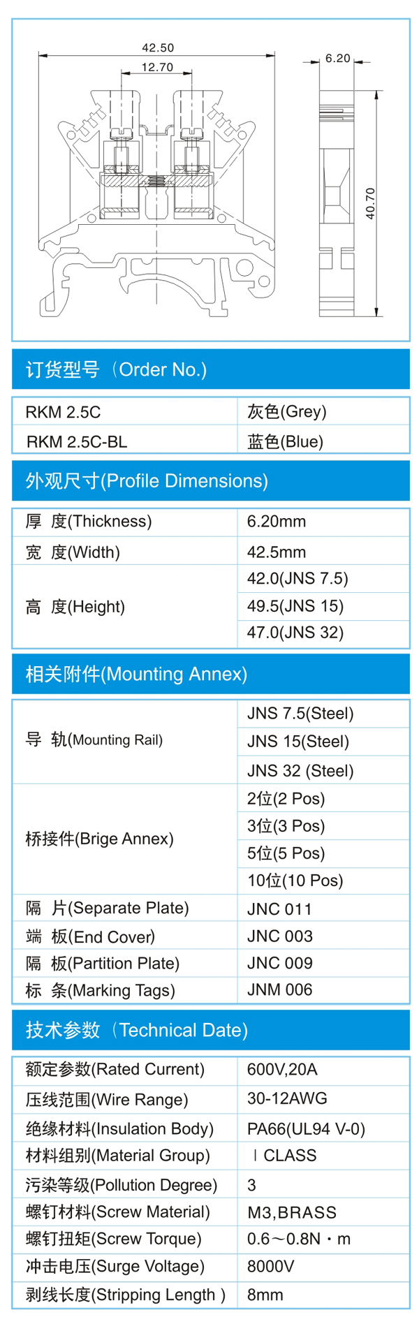 导轨式接线端子,RKM 2.5C(600V,20A)尺寸图