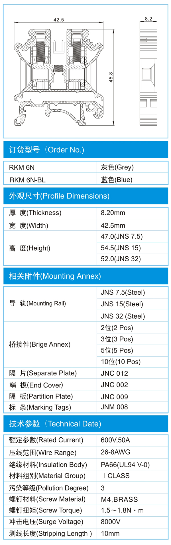 导轨式接线端子,RKM 6N(600V,50A)尺寸图