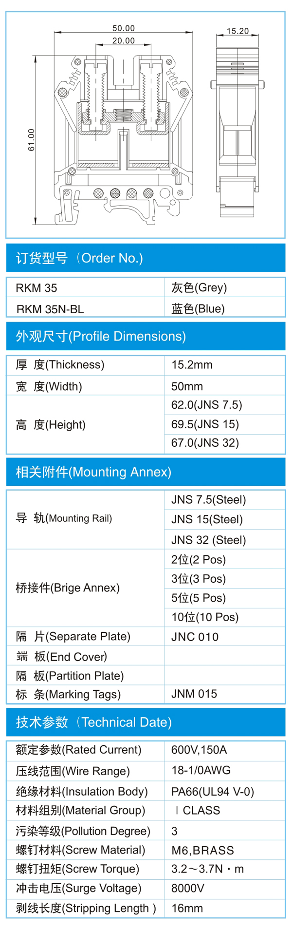 导轨式接线端子,RKM 35(600V,150A)尺寸图