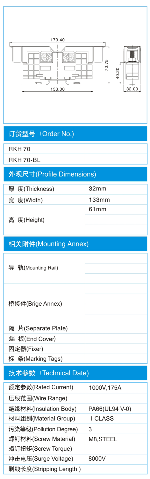 导轨式接线端子,RKH 70(1000V,175A)尺寸图