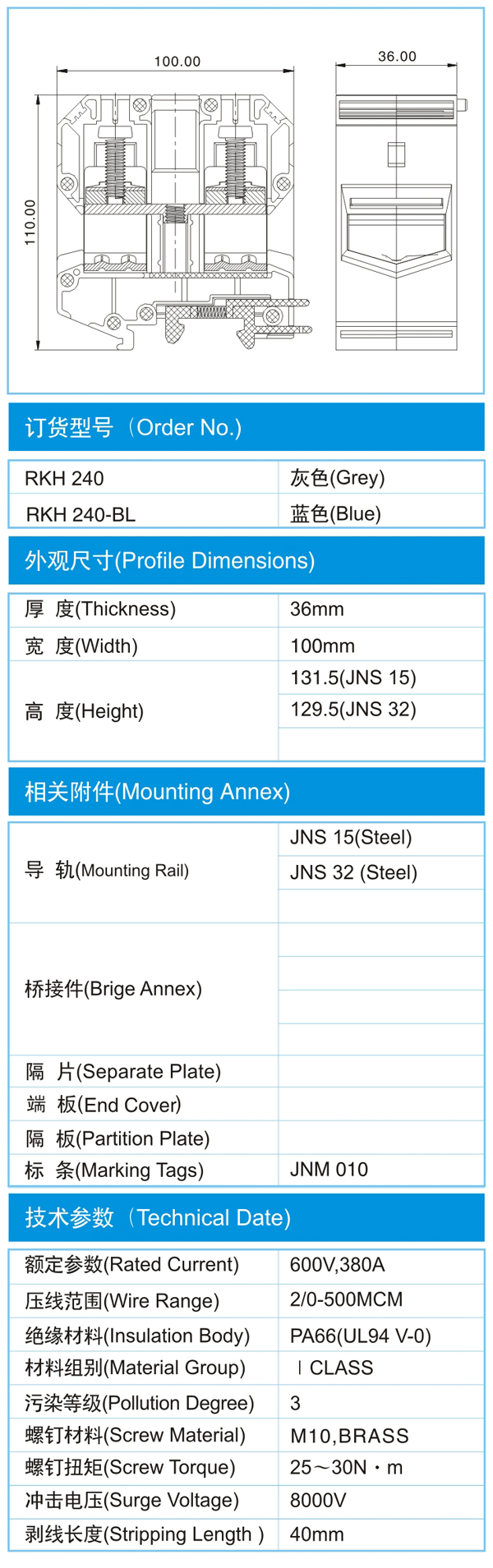 导轨式接线端子,RKH 240(600V,380A)尺寸图