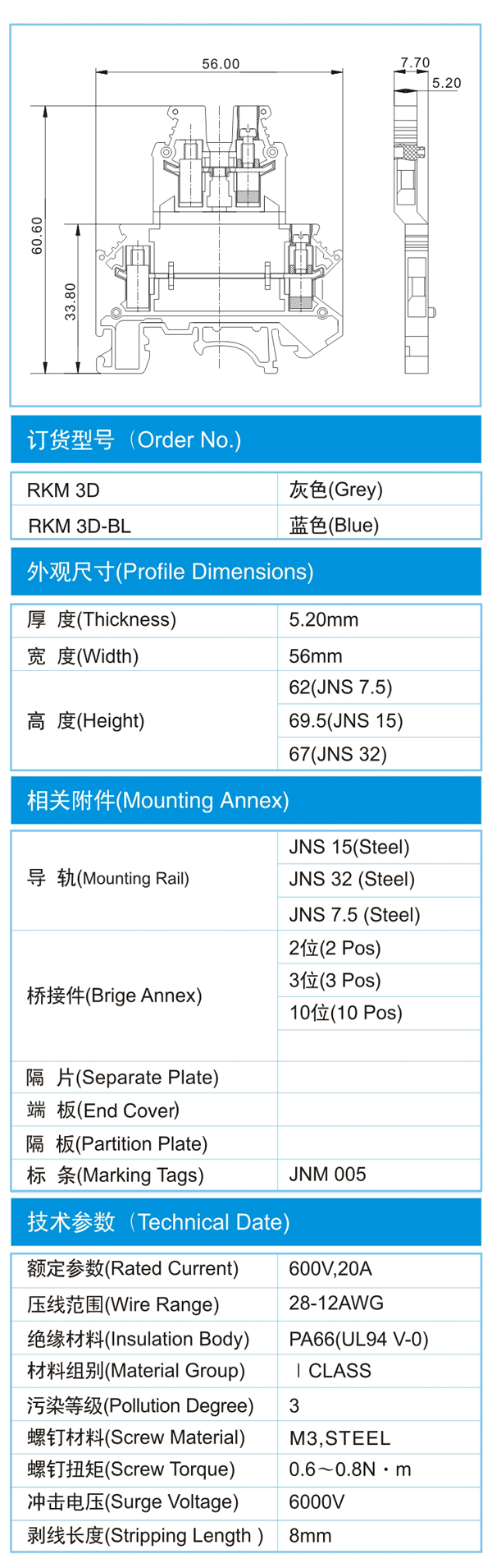 导轨式接线端子,RKM 3D(600V,20A)尺寸图