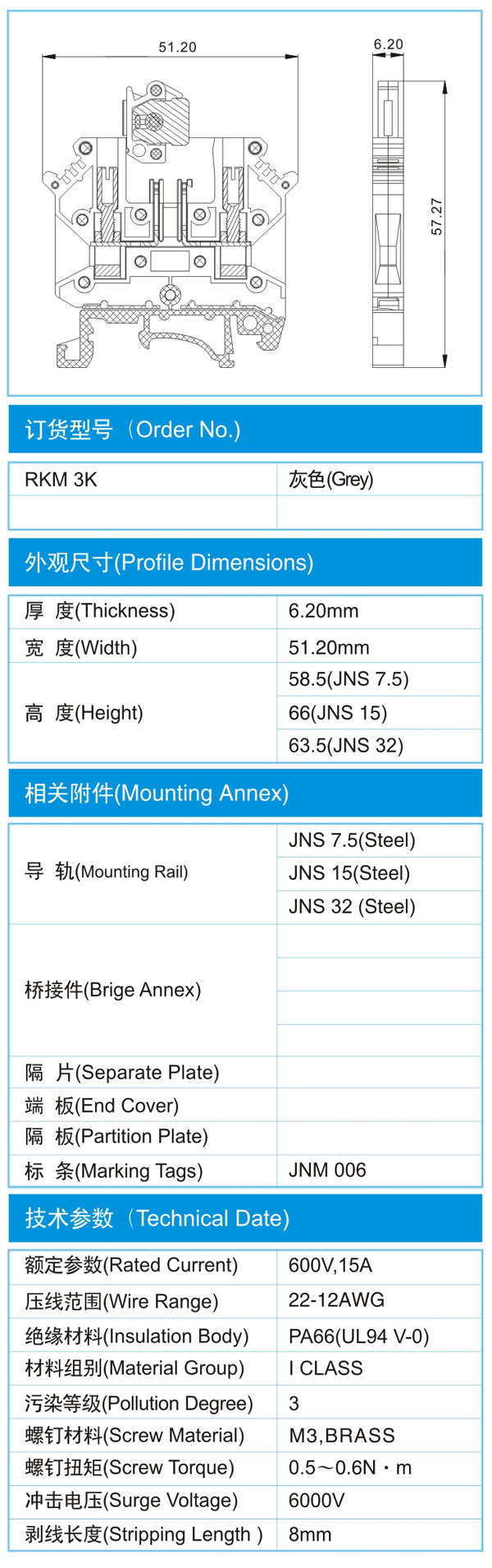 导轨式接线端子,RKM 3K(600V,15A)尺寸图