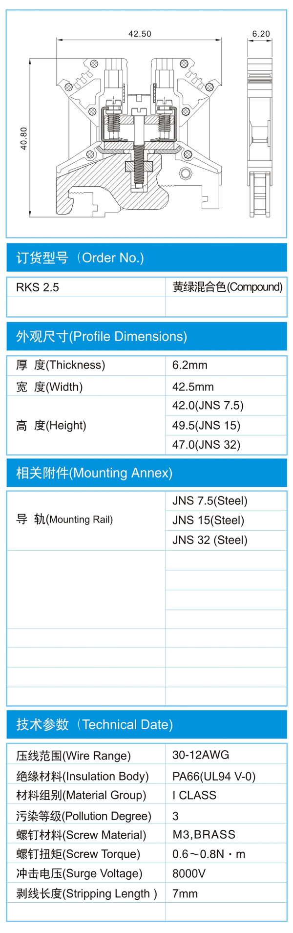 导轨式接线端子,RKS 2.5尺寸图