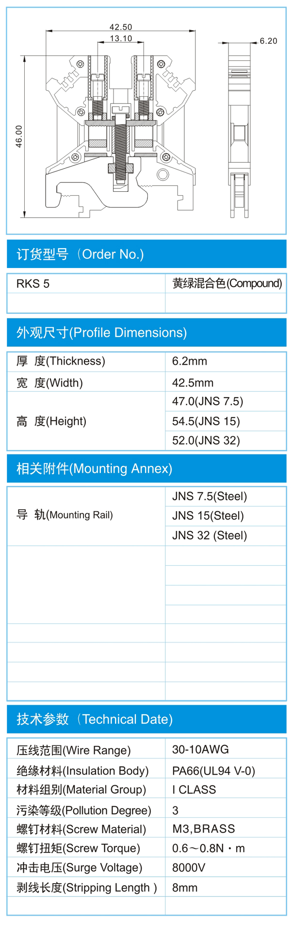 导轨式接线端子,RKS 5尺寸图