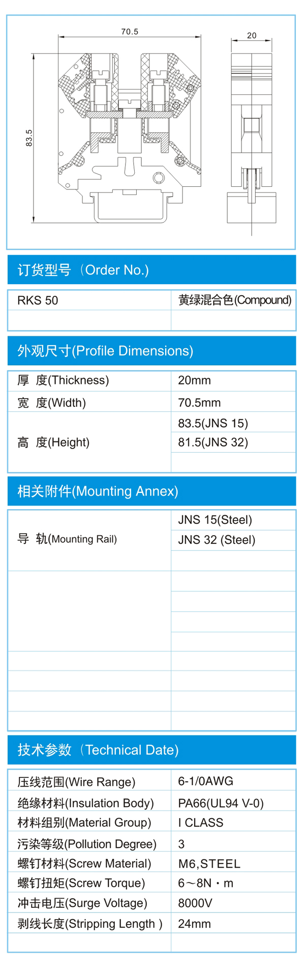 导轨式接线端子,RKS 50尺寸图