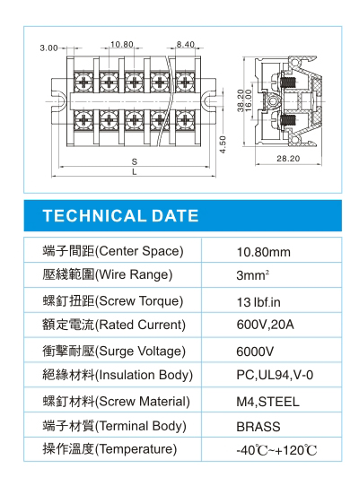 功率型接线端子,PS 3-XX-01(600V,20A)尺寸图