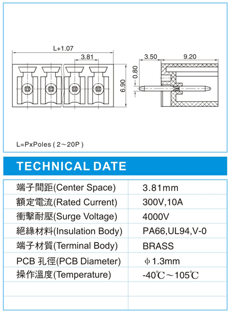 复合式接线端子,CMH-1.5-XX-3.81-00V(300V,10A)尺寸图