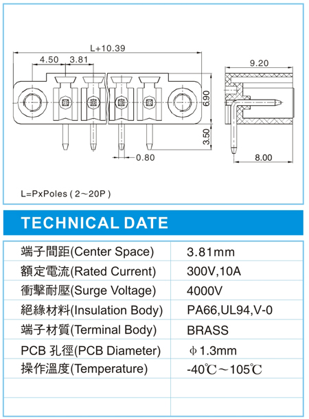 复合式接线端子,CMH-1.5-XX-3.81-00F(300V,10A)尺寸图