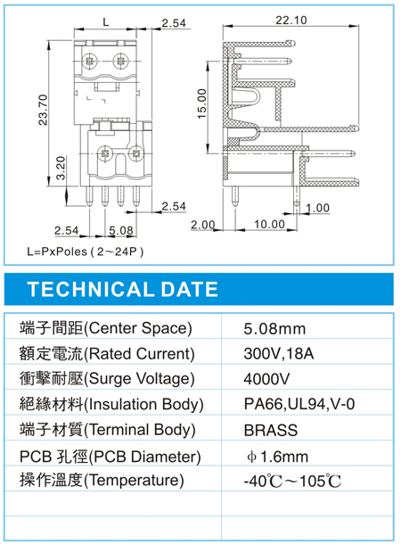 复合式接线端子,CNH 2.5-XX-5.08-00H(300V,18A)尺寸图