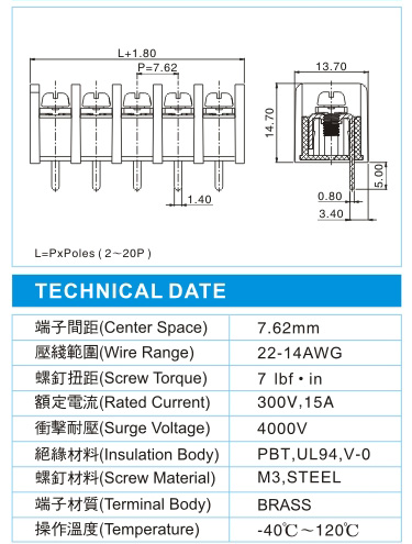 栅栏式接线端子,BHN 1.5-XX-7.62-03(300V,15A)尺寸图