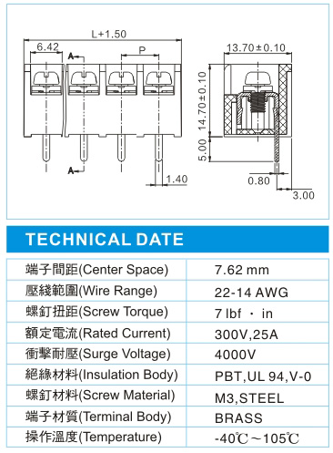 栅栏式接线端子,BHN 1.5-XX-7.62-07-T1(300V,25A)尺寸图