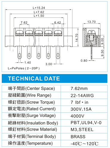 栅栏式接线端子,BHN 1.5-XX-7.62-07F(300V,15A)尺寸图