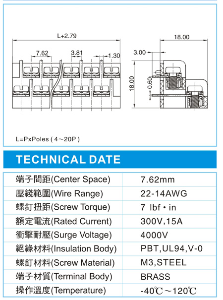 栅栏式接线端子,BHN 1.5-XX-7.62-10-GY(300V,15A)尺寸图