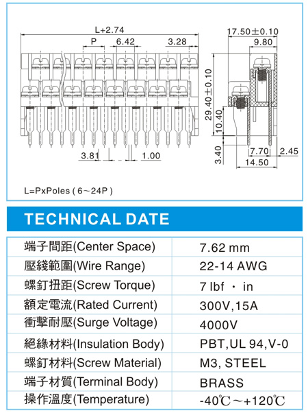 栅栏式接线端子,BHN 1.5-XX-7.62-18-B1-GY(300V,15A)尺寸图