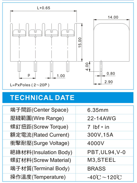 栅栏式接线端子,BHN 1.5-XX-7.62-20(300V,15A)尺寸图