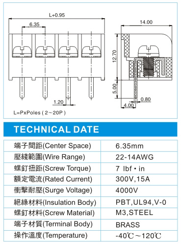 栅栏式接线端子,BHN 1.5-XX-7.62-25(300V,15A)尺寸图