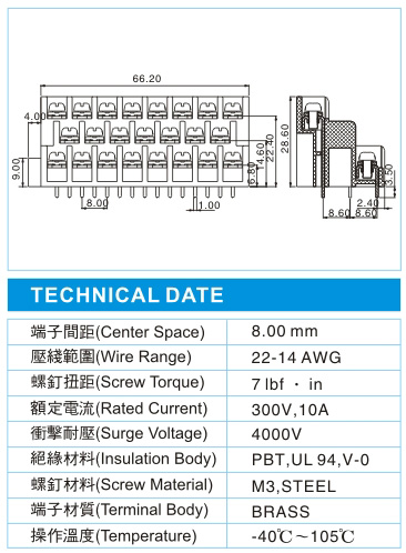 栅栏式接线端子,BHD 3-23-8.00-00(300V,10A)尺寸图