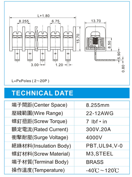 栅栏式接线端子,BHD 3-XX-8.25-03(300V,20A)尺寸图