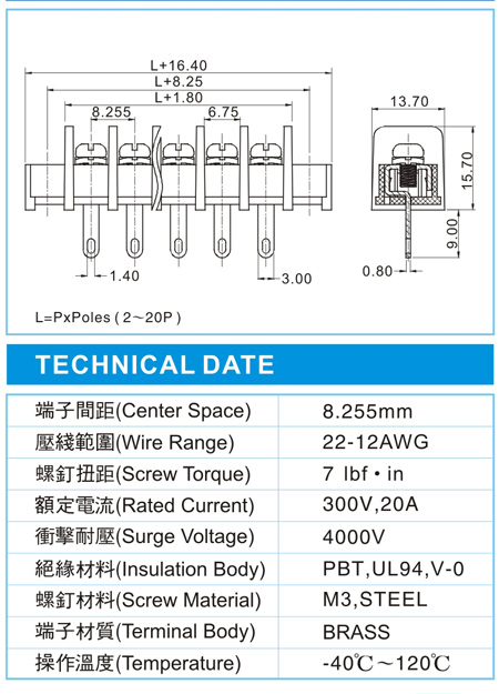 栅栏式接线端子,BHD 3-XX-8.25-04F(300V,20A)尺寸图