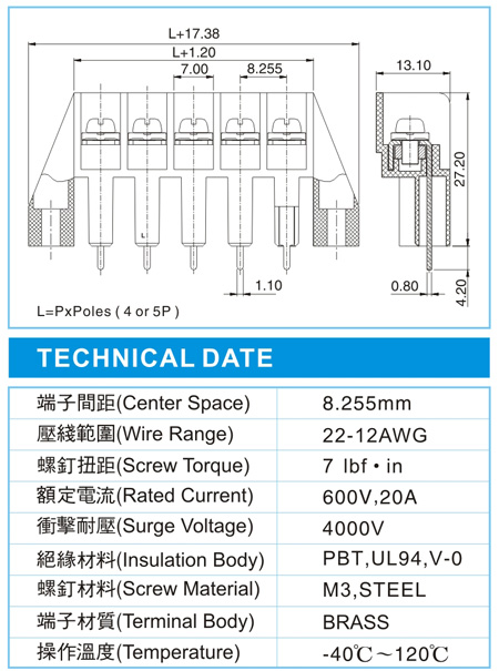 栅栏式接线端子,BHD 3-XX-8.25-09(600V,20A)尺寸图