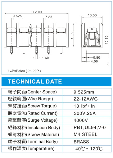 栅栏式接线端子,BHK 3-XX-9.52-01(300V,25A)尺寸图