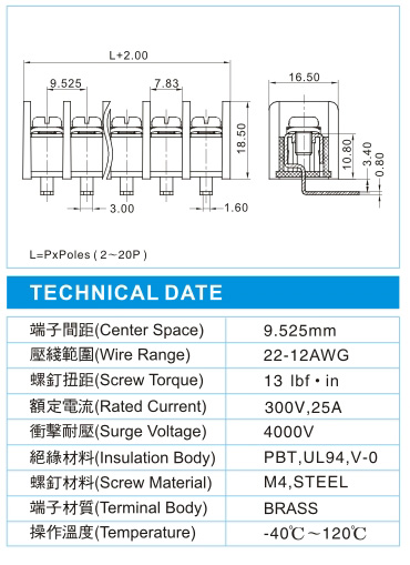 栅栏式接线端子,BHK 3-XX-9.52-02(300V,25A)尺寸图