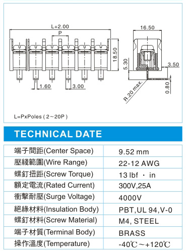 栅栏式接线端子,BHK 3-XX-9.52-02-T1(300V,25A)尺寸图