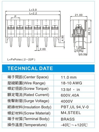 栅栏式接线端子,BHP 5-XX-11.0-12(600V,40A)尺寸图