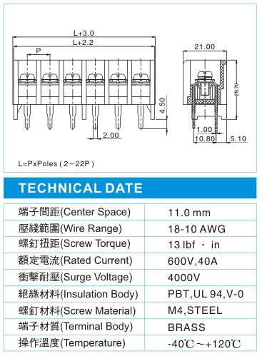 栅栏式接线端子,BHP 5-XX-11.0-11(600V,40A)尺寸图