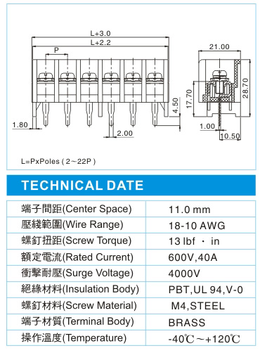 栅栏式接线端子,BHP 5-XX-11.0-09(600V,40A)尺寸图