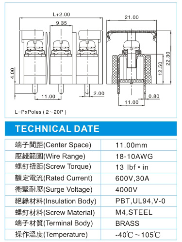 栅栏式接线端子,BHP 5-XX-11.0-08(600V,30A)尺寸图