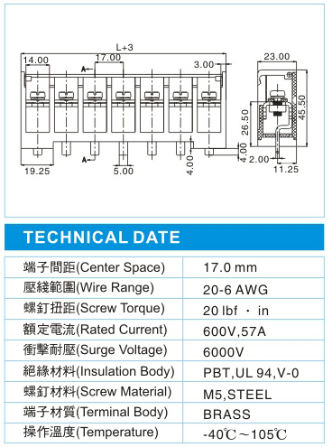 栅栏式接线端子,BHR 26-XX-16.0-02-C(600V,57A)尺寸图