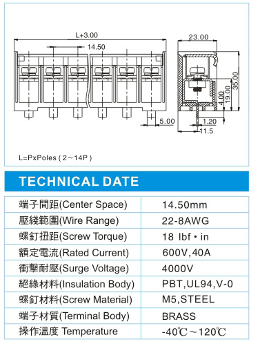 栅栏式接线端子,BHY 8-XX-14.5-04-C(600V,40A)尺寸图