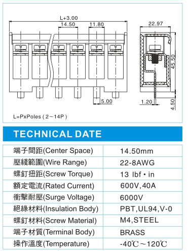 栅栏式接线端子,BHY 8-XX-14.5-02-C(600V,40A)尺寸图