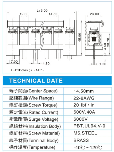 栅栏式接线端子,BHY 8-XX-14.5-00-C(600V,40A)尺寸图