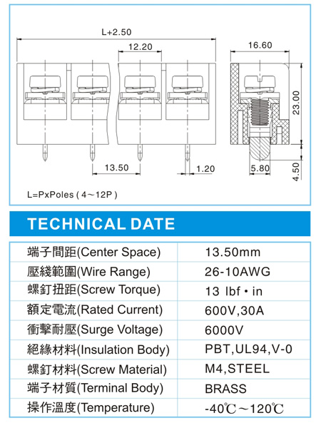 栅栏式接线端子,BHC 5-XX-13.5-02(600V,30A)尺寸图