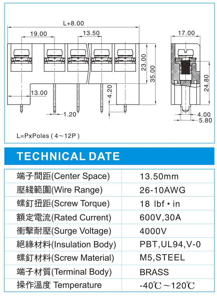 栅栏式接线端子,BHC 5-XX-13.5-00(600V,30A)尺寸图