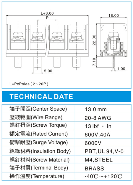 栅栏式接线端子,BHS 8-XX-13.0-01-T1(600V,40A)尺寸图