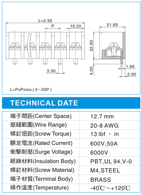 栅栏式接线端子,BHS 8-XX-12.7-01(600V,50A)尺寸图